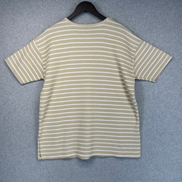Daniel Caron Shirt Womens Large Beige White Striped Print Short Sleeve Pullover - Picture 2 of 12
